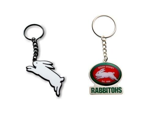 Set of 2 South Sydney Rabbitohs NRL Team Heritage Logo Key Ring Keyring Chain + Team Logo Key Ring Keyring