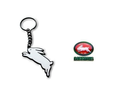 Set of 2 South Sydney Rabbitohs NRL Team Heritage Logo Key Ring Keyring Chain + Team Logo Pin Badge