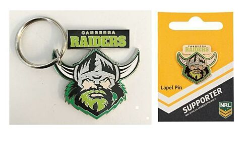 Set Of 2 Canberra Raiders NRL Team Logo Metal Pin Badge & Mascot Metal Keyring Key Ring
