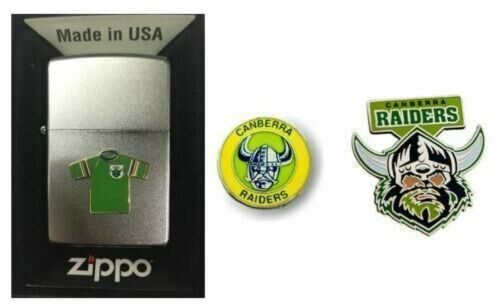 Set 3 Canberra Raiders NRL Team Jersey Zippo + Heritage Logo & Team Logo Pins