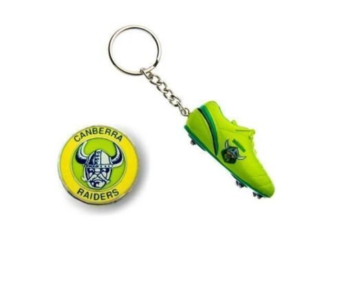 Set of 2 Canberra Raiders NRL Team Heritage Logo Collectable Lapel Hat Tie Pin Badge & Resin Boot Key Ring Keyring