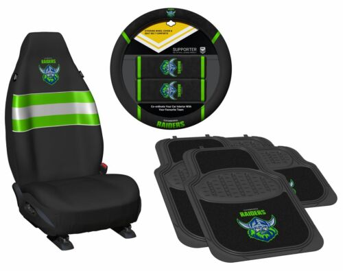 Set of 3 Canberra Raiders NRL Team Car Seat Covers + Steering Wheel Cover + 4 Floor Mats