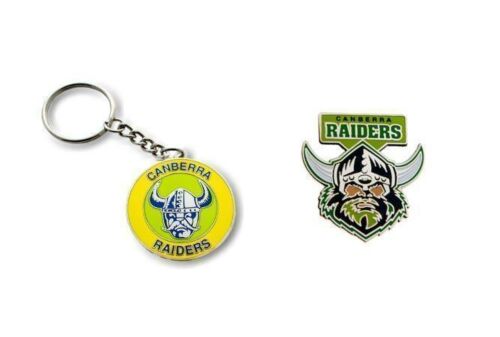 Set of 2 Canberra Raiders NRL Team Heritage Logo Key Ring Keyring Chain + Team Logo Pin Badge