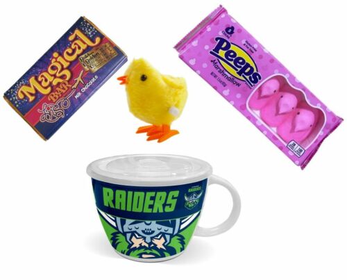 NRL EASTER PACK – Canberra Raiders NRL Soup Mug + Peeps Marshmallow Chicks 42g Packet + Magical Bar 50g Milk Chocolate + Wind Up Hopping Chick