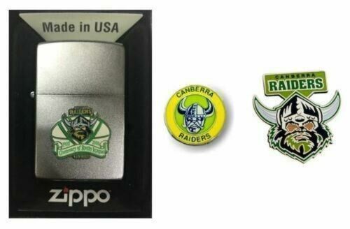 Set 3 Canberra Raiders NRL Centenary Logo Zippo + Heritage & Team Logo Pins