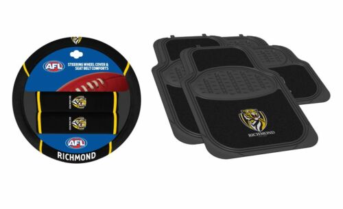 Set Of 2 Richmond Tigers AFL Team Logo Car Steering Wheel Cover & 4 Floor Mats 2x Front 2x Rear