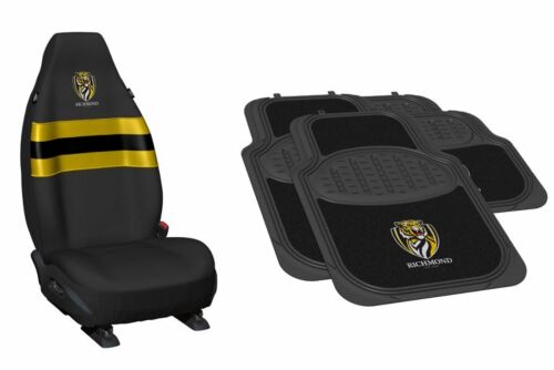 Set Of 2 Richmond Tigers AFL Team Logo Front Car Seat Covers & 4 Floor Mats 2x Front 2x Rear