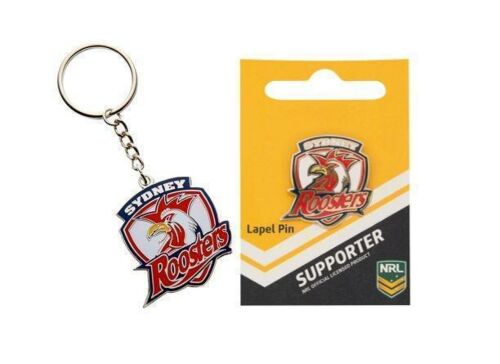 Set Of 2 Sydney Roosters NRL Team Logo Metal Pin Badge & Mascot Metal Keyring Key Ring