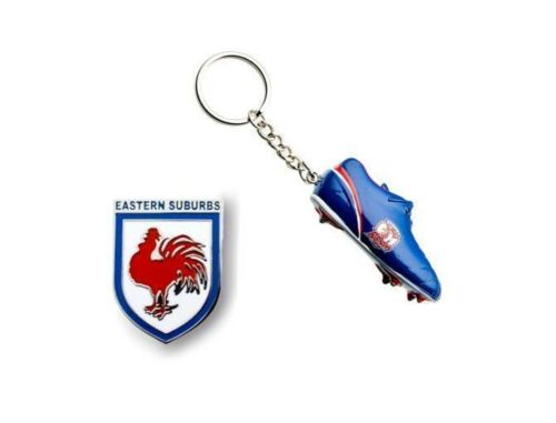 Set of 2 Sydney Roosters NRL Team Heritage Logo Collectable Lapel Hat Tie Pin Badge & Resin Boot Key Ring Keyring
