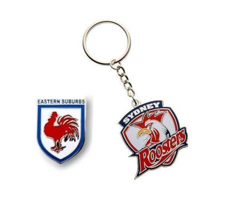 Set of 2 Sydney Roosters NRL Team Heritage Logo Collectable Lapel Hat Tie Pin Badge & Mascot Metal Key Ring Keyring