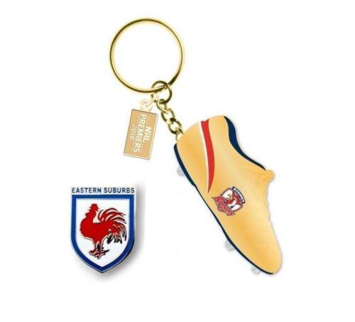 Set of 2 Sydney Roosters NRL Team Heritage Logo Collectable Lapel Hat Tie Pin Badge & 2018 Premiers Resin Boot Key Ring Keyring