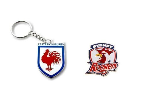 Set of 2 Sydney Roosters NRL Team Heritage Logo Key Ring Keyring Chain + Team Logo Pin Badge