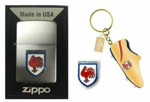 Set 3 Sydney Roosters NRL Heritage Zippo + Heriatge Pin & 2018 Boot Key Ring 