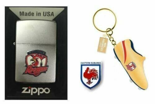 Set 3 Sydney Roosters NRL Team Zippo + Heritage Pin & 2018 Premier Boot Key Ring
