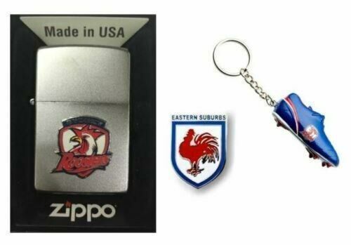 Set 3 Sydney Roosters NRL Team Logo Zippo + Heritage Pin & Resin Boot Key Ring
