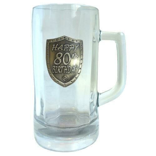 80th Birthday 1 Litre Glass Stein Beer Mug Shield Badge In Box Eightieth 
