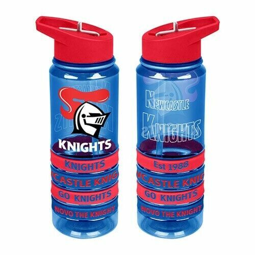 Newcastle Knights NRL Large Team Logo Tritan Plastic Drink Bottle With 4 Wrist Bands In Team Colours