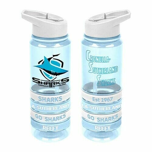 Cronulla Sharks NRL Large Team Logo Tritan Plastic Drink Bottle With 4 Wrist Bands In Team Colours