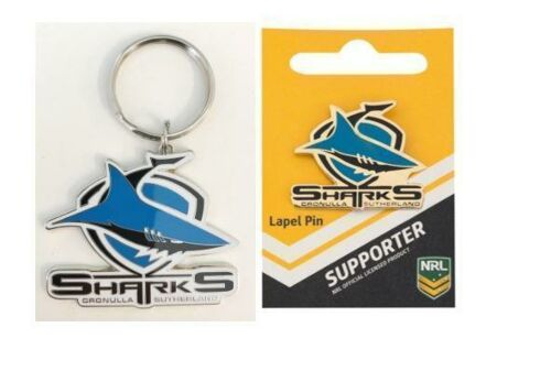 Set Of 2 Cronulla Sharks NRL Team Logo Metal Pin Badge & Mascot Metal Keyring Key Ring
