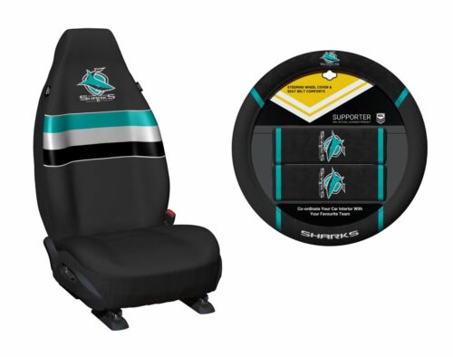 Set of 2 Cronulla Sharks NRL Car Seat Covers & Steering Wheel Cover 