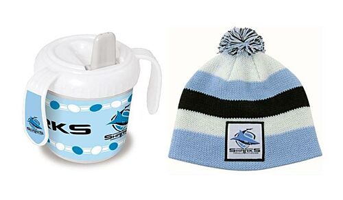 Set Of 2 Cronulla Sharks NRL Team Logo 2 Handle 250ml Training Sippy Sipper Cup & Stripe Baby Beanie Toddler Hat