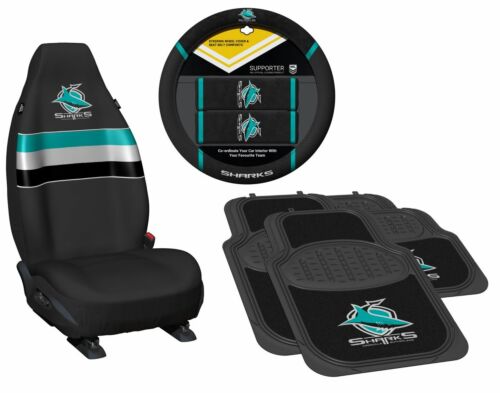 Set of 3 Cronulla Sharks NRL Team Car Seat Covers + Steering Wheel Cover + 4 Floor Mats