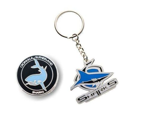 Set of 2 Cronulla Sharks NRL Team Heritage Logo Collectable Lapel Hat Tie Pin Badge & Mascot Metal Key Ring Keyring