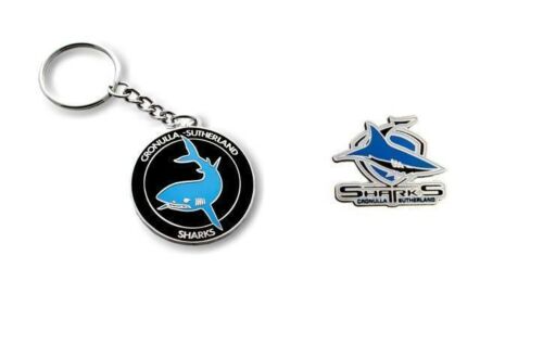 Set of 2 Cronulla Sharks NRL Team Heritage Logo Key Ring Keyring Chain + Team Logo Pin Badge