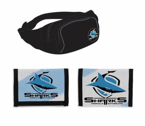 Set of 2 Cronulla Sharks NRL Team Logo Waist Bag Bumbag & Nylon Velcro Sports Wallet