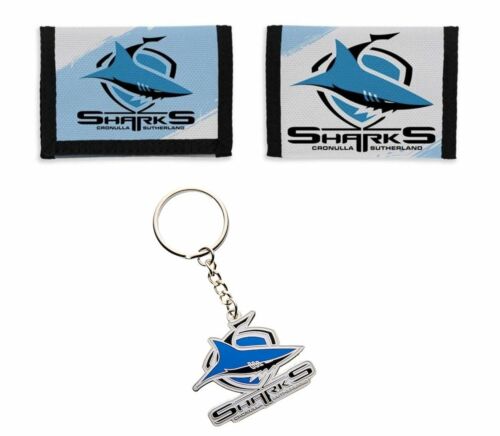 Set of 2 Cronulla Sharks NRL Team Logo Nylon Velcro Sports Wallet & Club Logo Keyring Chain