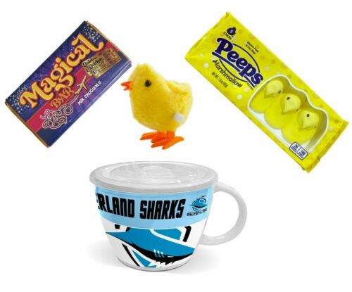 NRL EASTER PACK – Cronulla Sharks NRL Soup Mug + Peeps Marshmallow Chicks 42g Packet + Magical Bar 50g Milk Chocolate + Wind Up Hopping Chick