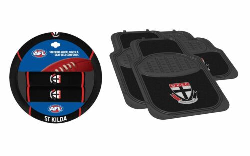 Set Of 2 St Kilda Saints AFL Team Logo Car Steering Wheel Cover & 4 Floor Mats 2x Front 2x Rear