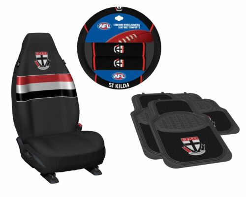 Set Of 3 St Kilda Saints AFL Team Car Seat Covers + Steering Wheel Cover + 4 Floor Mats