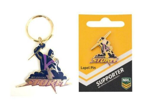 Set Of 2 Melbourne Storm NRL Team Logo Metal Pin Badge & Mascot Metal Keyring Key Ring