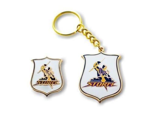 Set of 2 Melbourne Storm NRL Team Heritage Logo Collectable Lapel Hat Tie Pin Badge & Heritage Key Ring Keyring