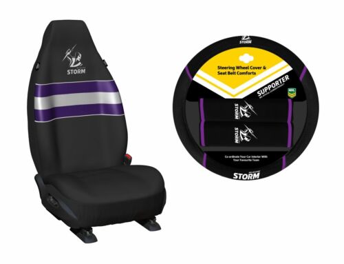 Set of 2 Melbourne Storm NRL Car Seat Covers & Steering Wheel Cover 
