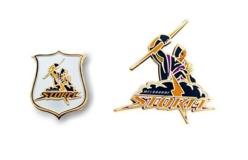 Set of 2 Melbourne Storm NRL Team Heritage Logo Collectable Lapel Hat Tie Pin Badge + Team Logo Pin Badge