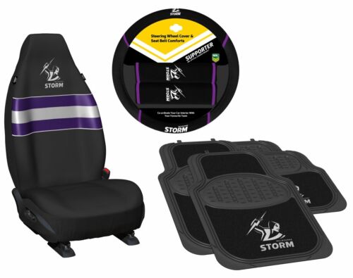 Set of 3 Melbourne Storm NRL Team Car Seat Covers + Steering Wheel Cover + 4 Floor Mats