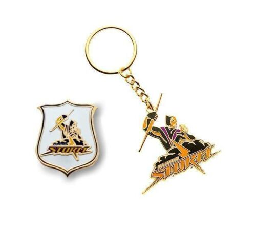 Set of 2 Melbourne Storm NRL Team Heritage Logo Collectable Lapel Hat Tie Pin Badge & Mascot Metal Key Ring Keyring
