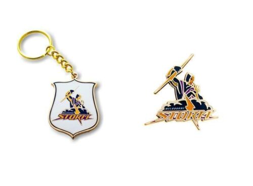 Set of 2 Melbourne Storm NRL Team Heritage Logo Key Ring Keyring Chain + Team Logo Pin Badge