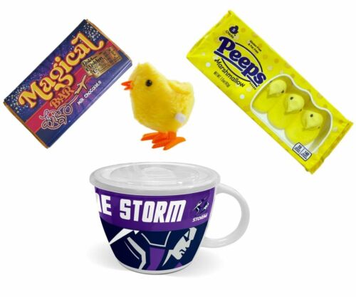 NRL EASTER PACK – Melbourne Storm NRL Soup Mug + Peeps Marshmallow Chicks 42g Packet + Magical Bar 50g Milk Chocolate + Wind Up Hopping Chick