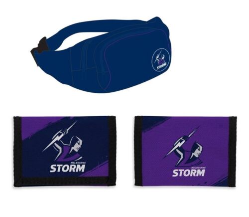 Set of 2 Melbourne Storm NRL Team Logo Waist Bag Bumbag & Nylon Velcro Sports Wallet