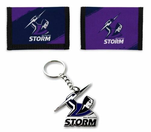 Set of 2 Melbourne Storm NRL Team Logo Nylon Velcro Sports Wallet & Club Logo Keyring Chain