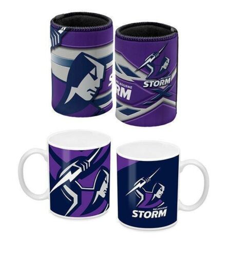 Set Of 2 Melbourne Storm NRL Long Stripe Can Cooler & Ceramic Coffee Mug Tea Cup