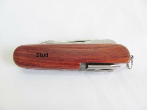Stud  Name Personalised Wooden Pocket Knife Multi Tool With 10 Tools / Accessories