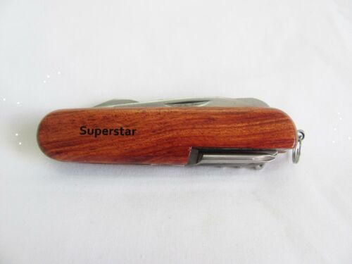 Superstar  Name Personalised Wooden Pocket Knife Multi Tool With 10 Tools / Accessories