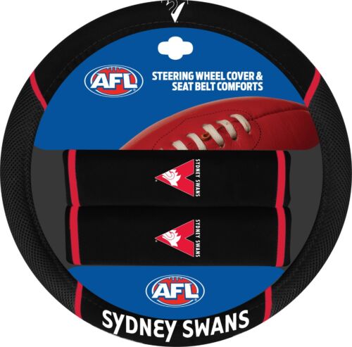 Sydney Swans AFL Team Logo 39cm Diameter Flexible Steering Wheel & 2 Seat Belt Covers