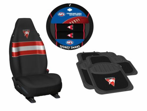 Set Of 3 Sydney Swans AFL Team Car Seat Covers + Steering Wheel Cover + 4 Floor Mats
