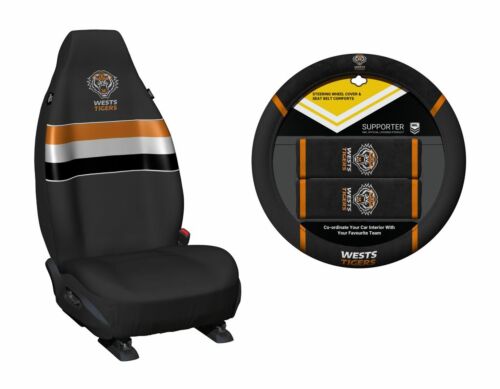 Set of 2 Wests Tigers NRL Car Seat Covers & Steering Wheel Cover 