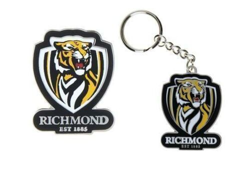 Set Of 2 Richmond Tigers AFL Team Logo Metal Pin Badge & Mascot Metal Keyring Key Ring